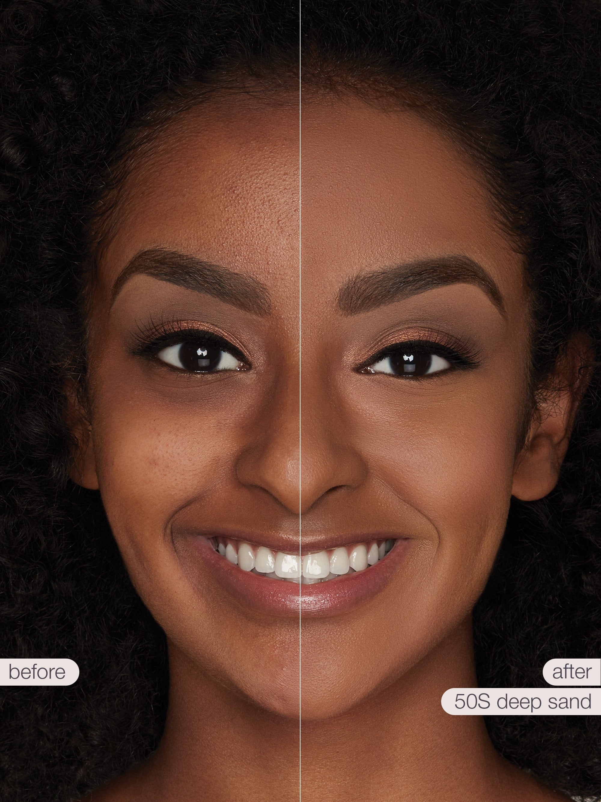 Before and after comparison of a woman's face with '50S Deep Sand' makeup application.