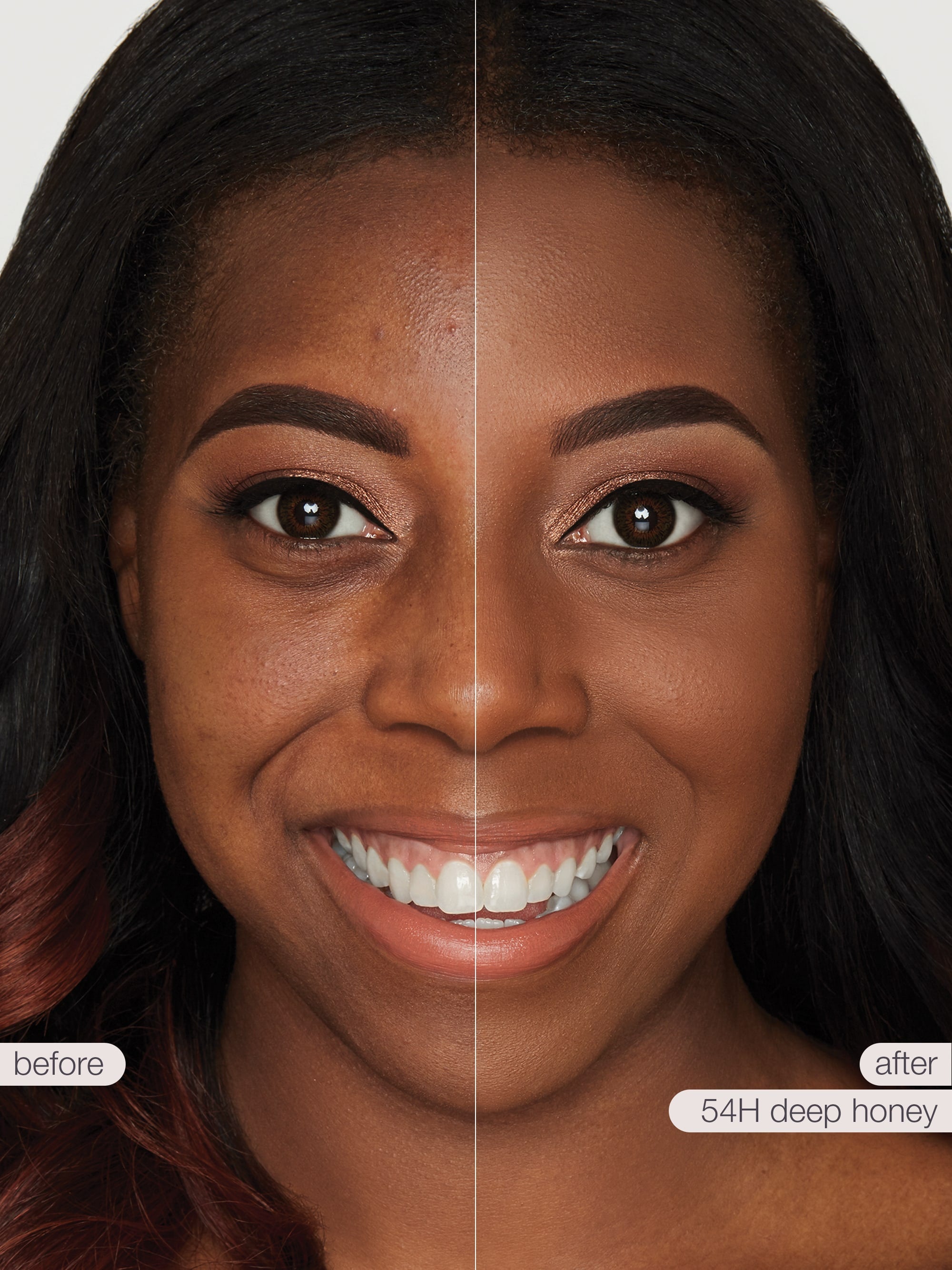 Before and after comparison of a woman's face with a neutral background