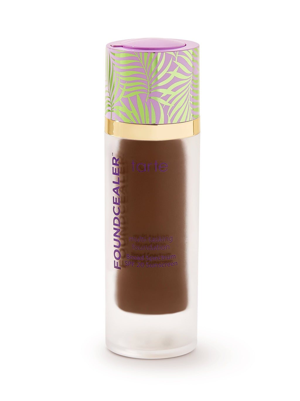 Foundation bottle with a patterned cap on a white background