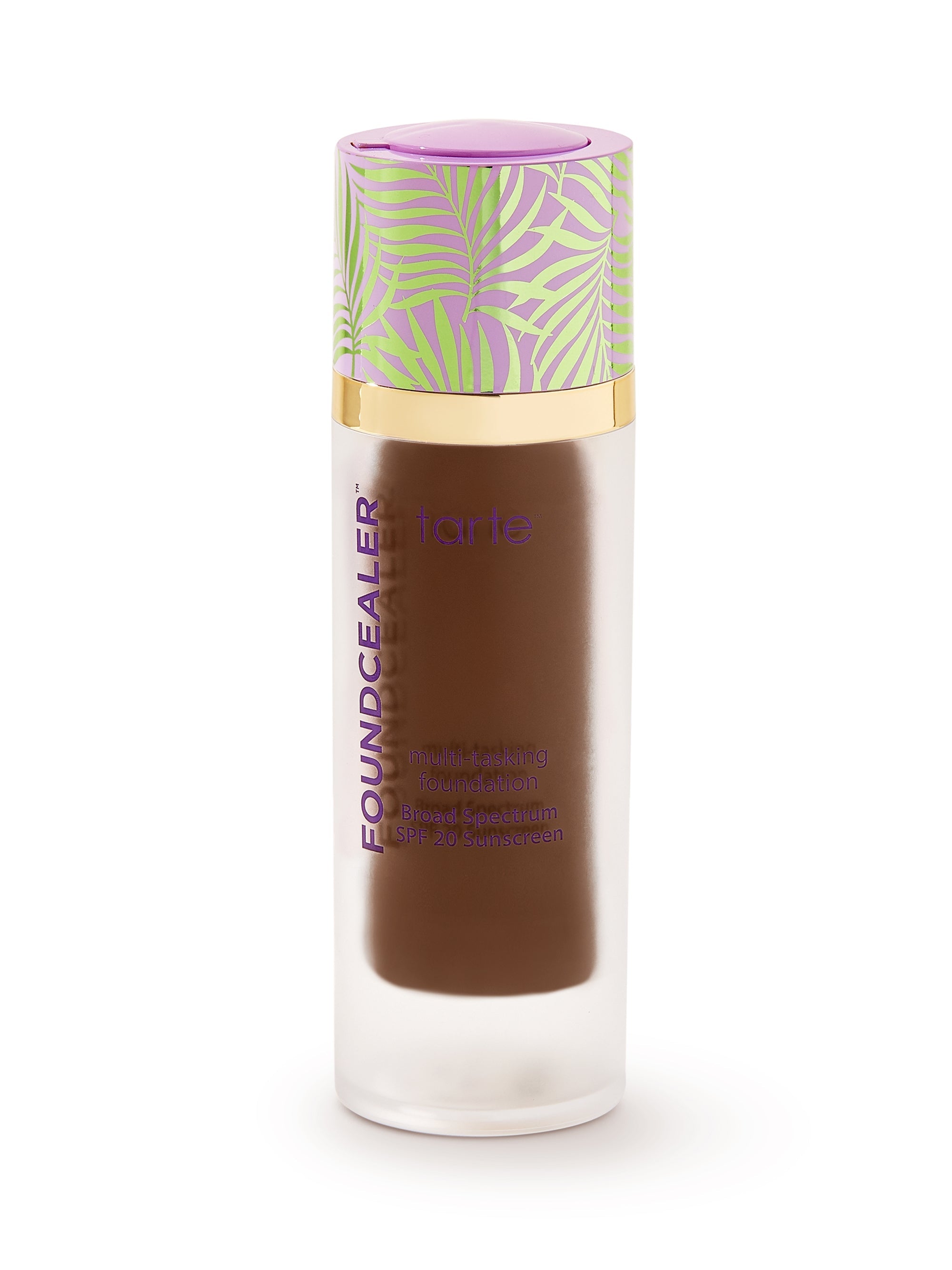 Foundation bottle with a patterned cap on a white background