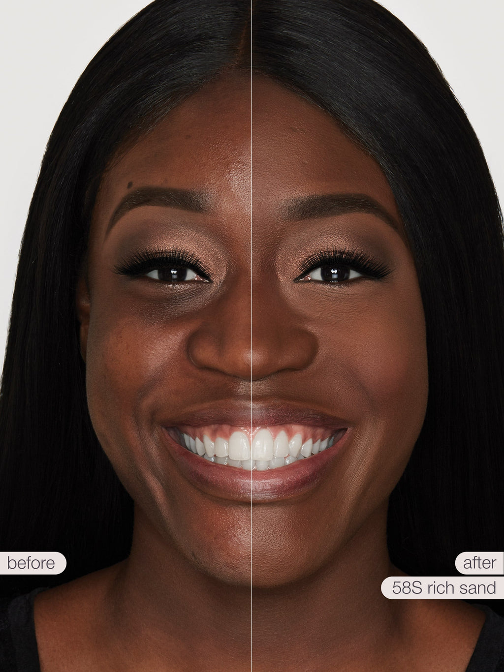 Before and after comparison of a woman's face with dark skin tone, showing a cosmetic product application.