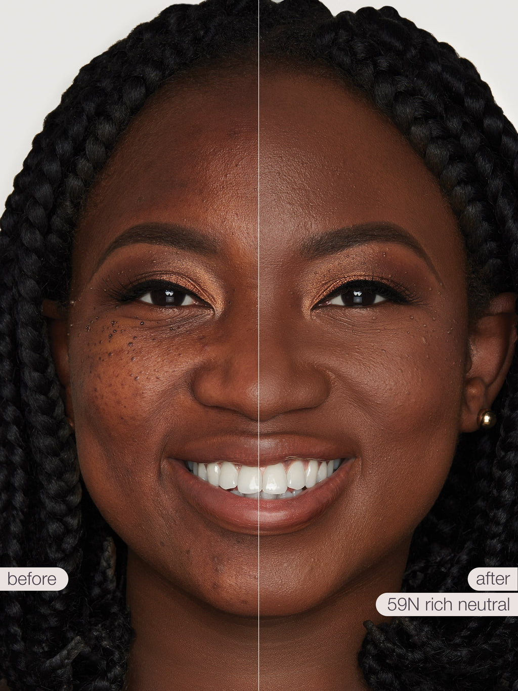 Before and after comparison of a woman's face with skin tone correction labeled '59N rich neutral'.