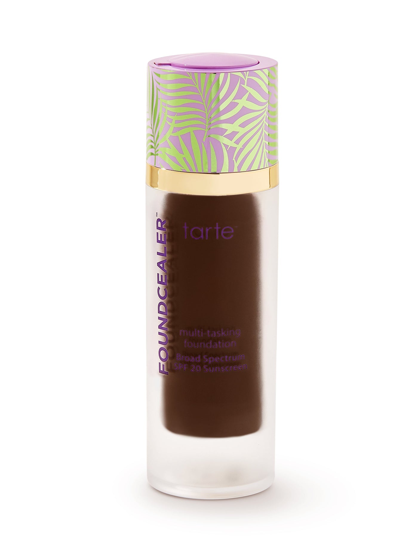 Tarte foundation bottle with a colorful cap on a white background