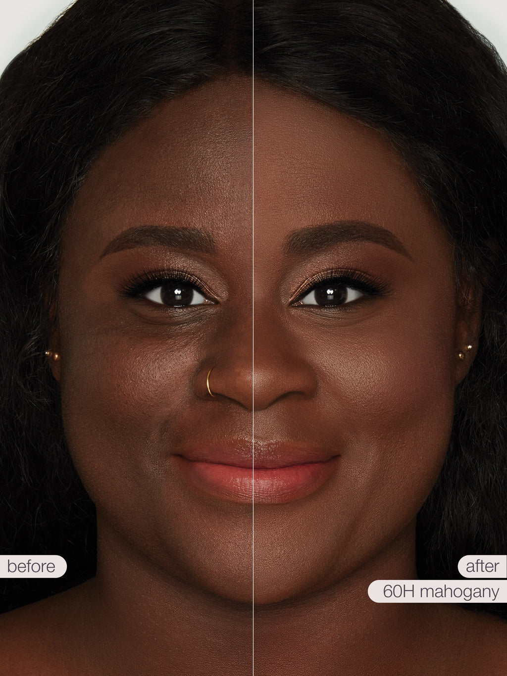 Before and after comparison of a woman's face with a color swatch labeled '60H mahogany'.