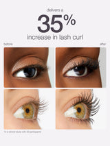 Before and after comparison of eye lashes with text highlighting lash increase.