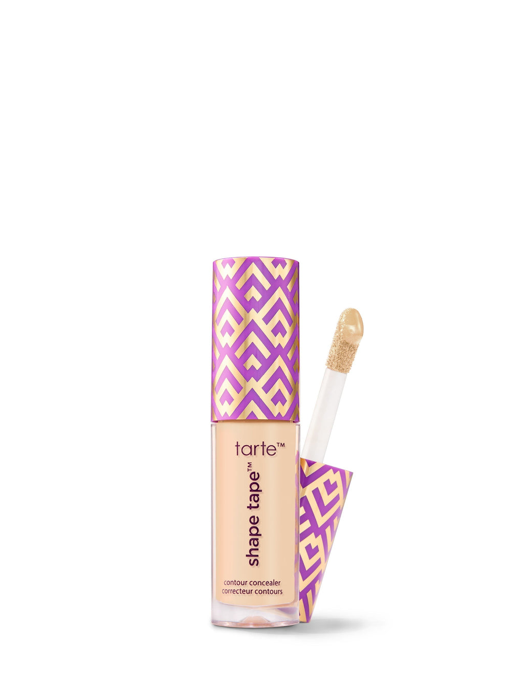 Tarte Shape Tape concealer with purple and yellow packaging on a white background