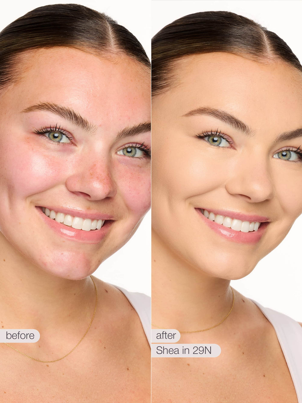 Before and after comparison of a woman's face with skincare product application.