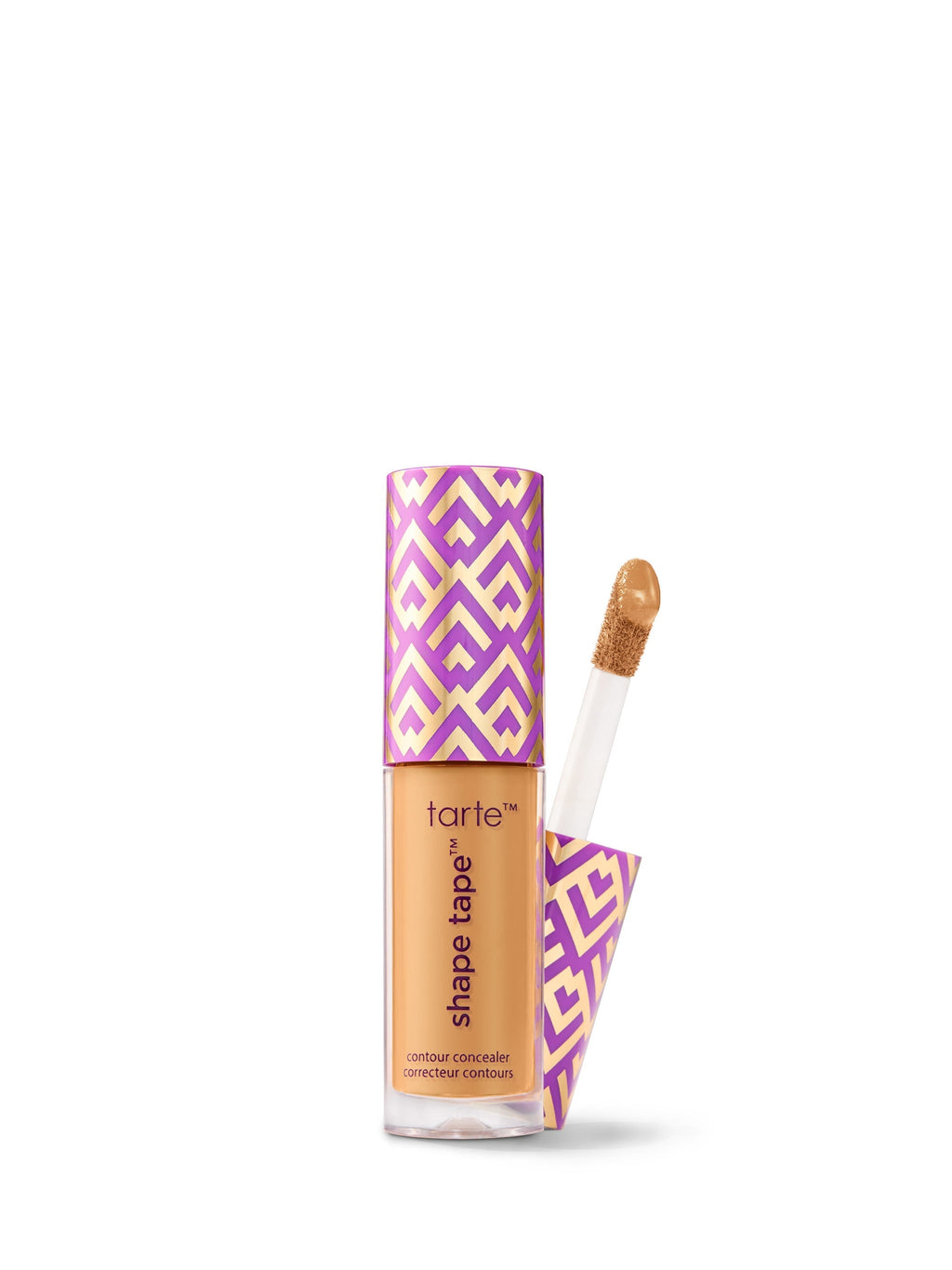 Tarte Shape Tape concealer with purple and gold packaging on a white background