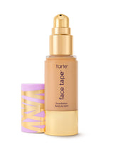 Tarte Face Tape foundation bottle stands upright with pump exposed, cap beside it on a white background. Text transcribed: tarte; face tape; foundation; fond de teint.