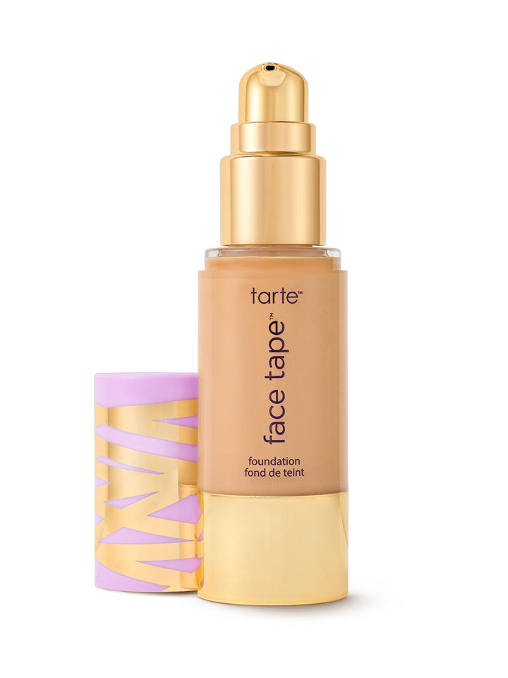 Tarte Face Tape foundation bottle stands upright with pump exposed, cap beside it on a white background. Text transcribed: tarte; face tape; foundation; fond de teint.