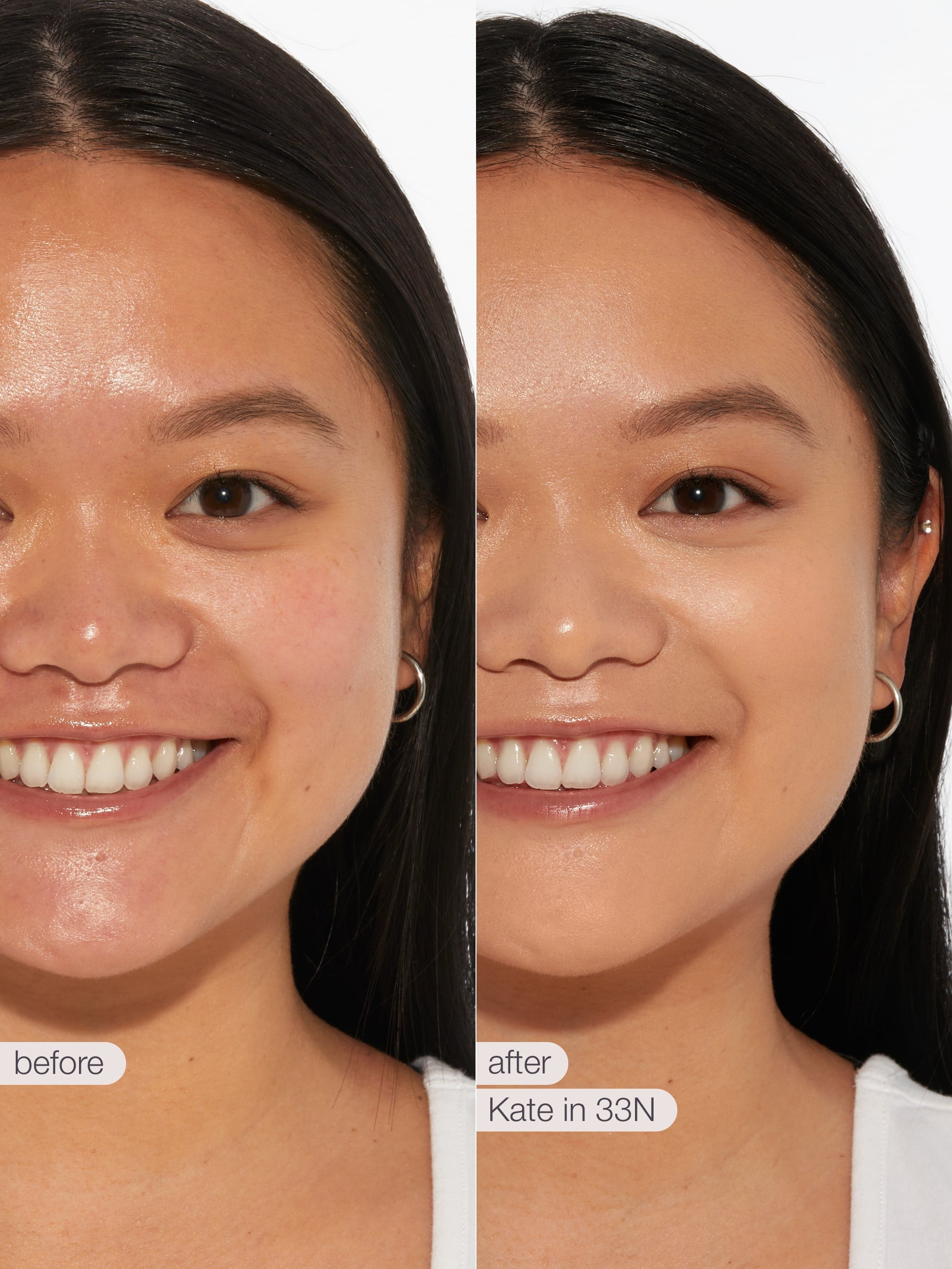 A woman's face, shown split into two sections: the left side without makeup and the right side with Tarte Cosmetics makeup, highlighting smoother skin. Text: before and after - shade 54N.