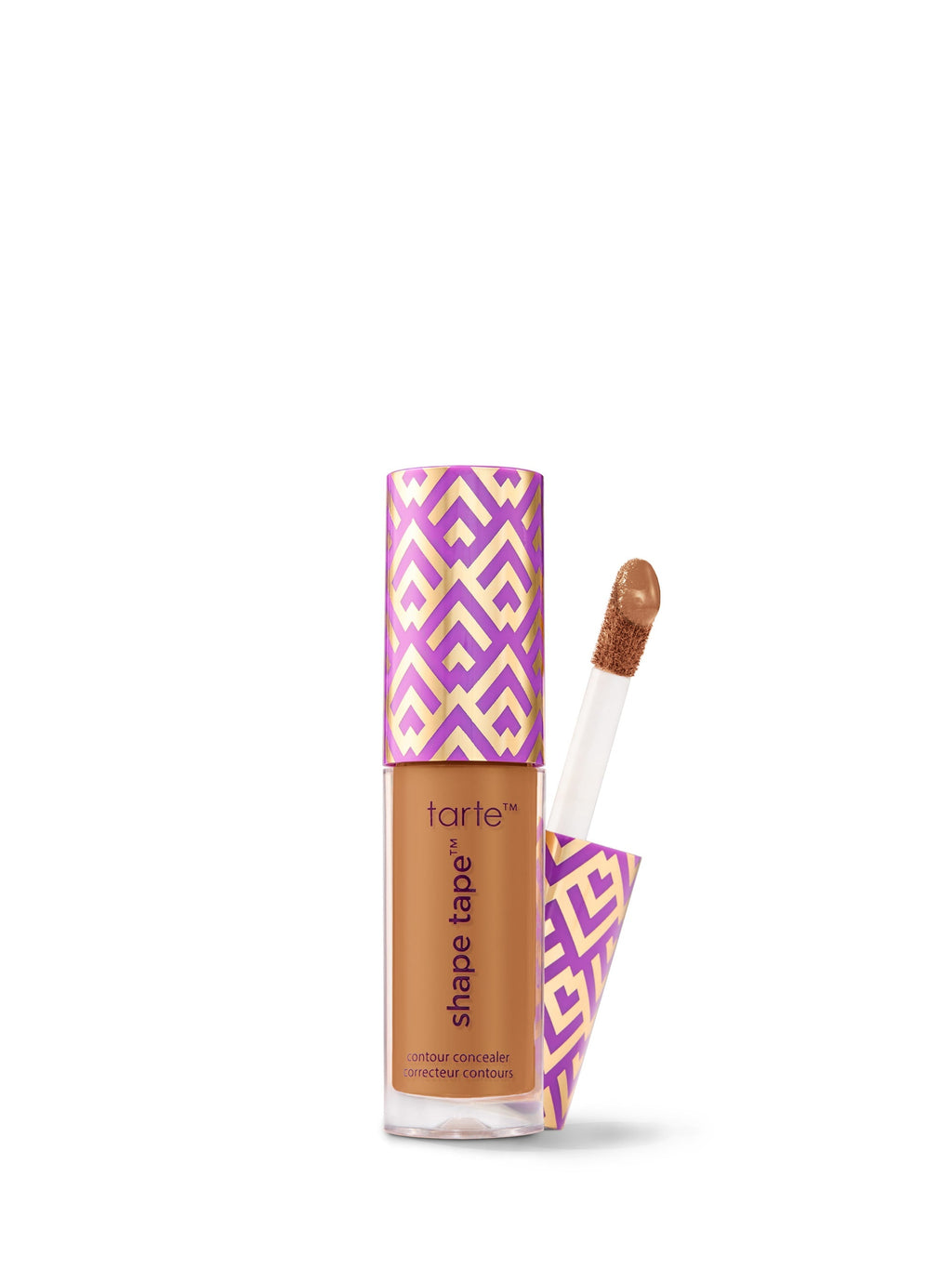 Tarte Shape Tape concealer with purple and gold packaging on a white background