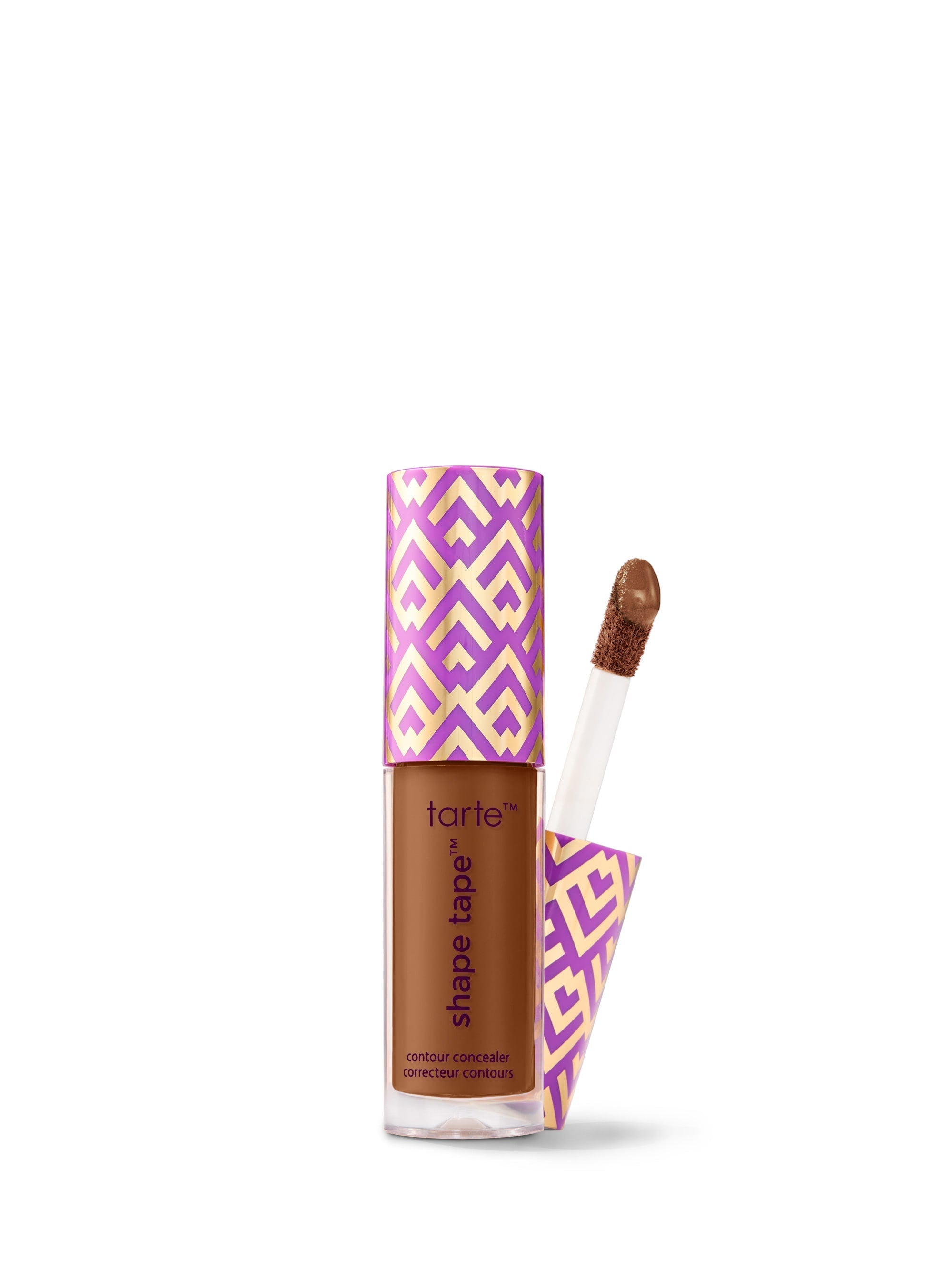 Tarte Shape Tape concealer with purple and pink geometric pattern on a white background