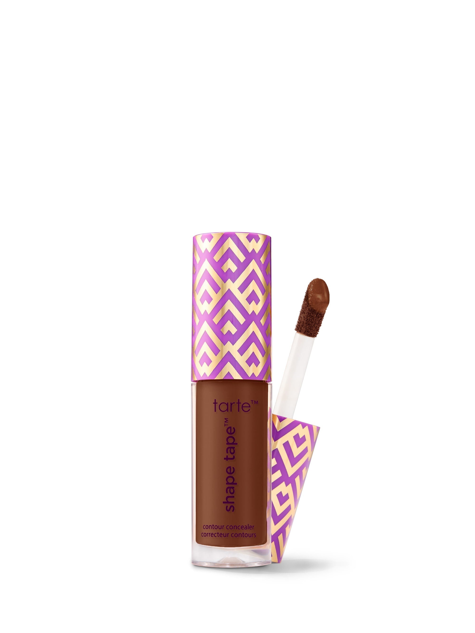 Tarte Shape Tape product with purple and pink geometric pattern on a white background