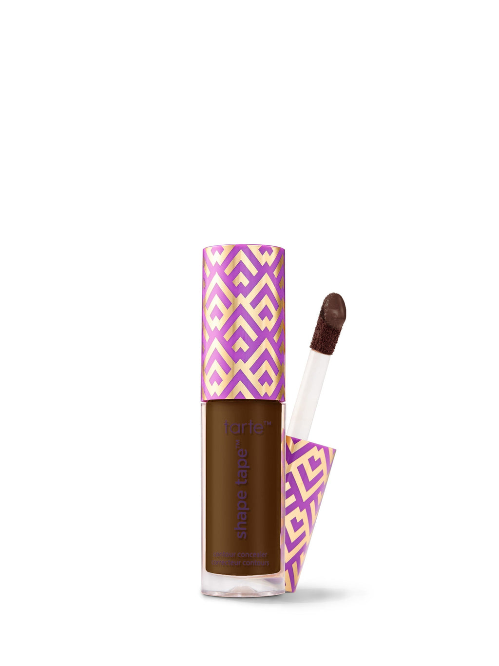 Concealer bottle with purple and yellow patterned cap and applicator on a white background