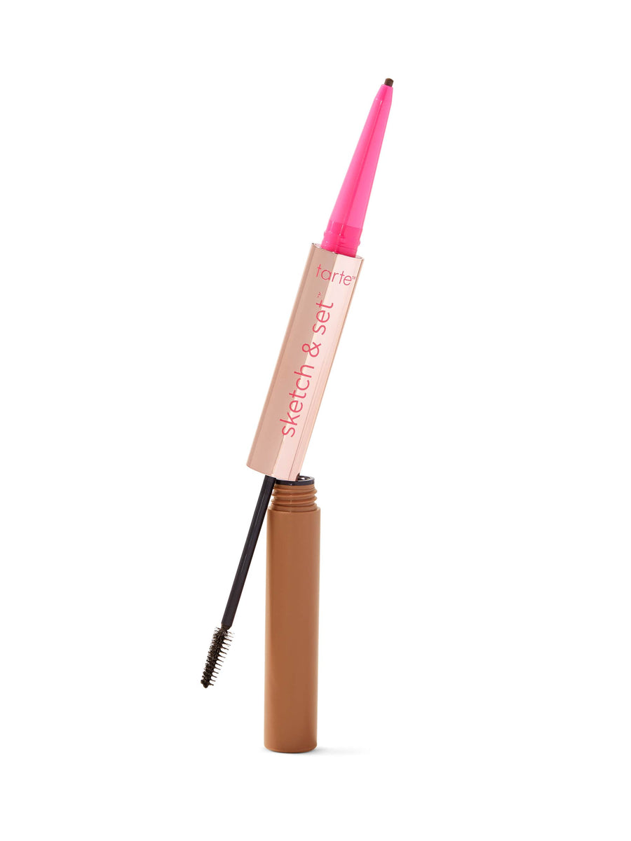Eyebrow pencil with pink cap and brown body on a white background