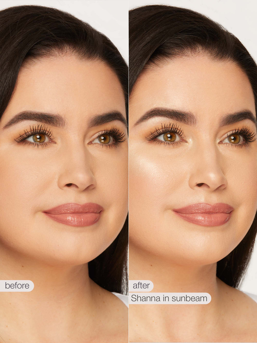 Before and after comparison of a woman's face with text indicating 'before' and 'after' with 'Shanna in sunbeam'.