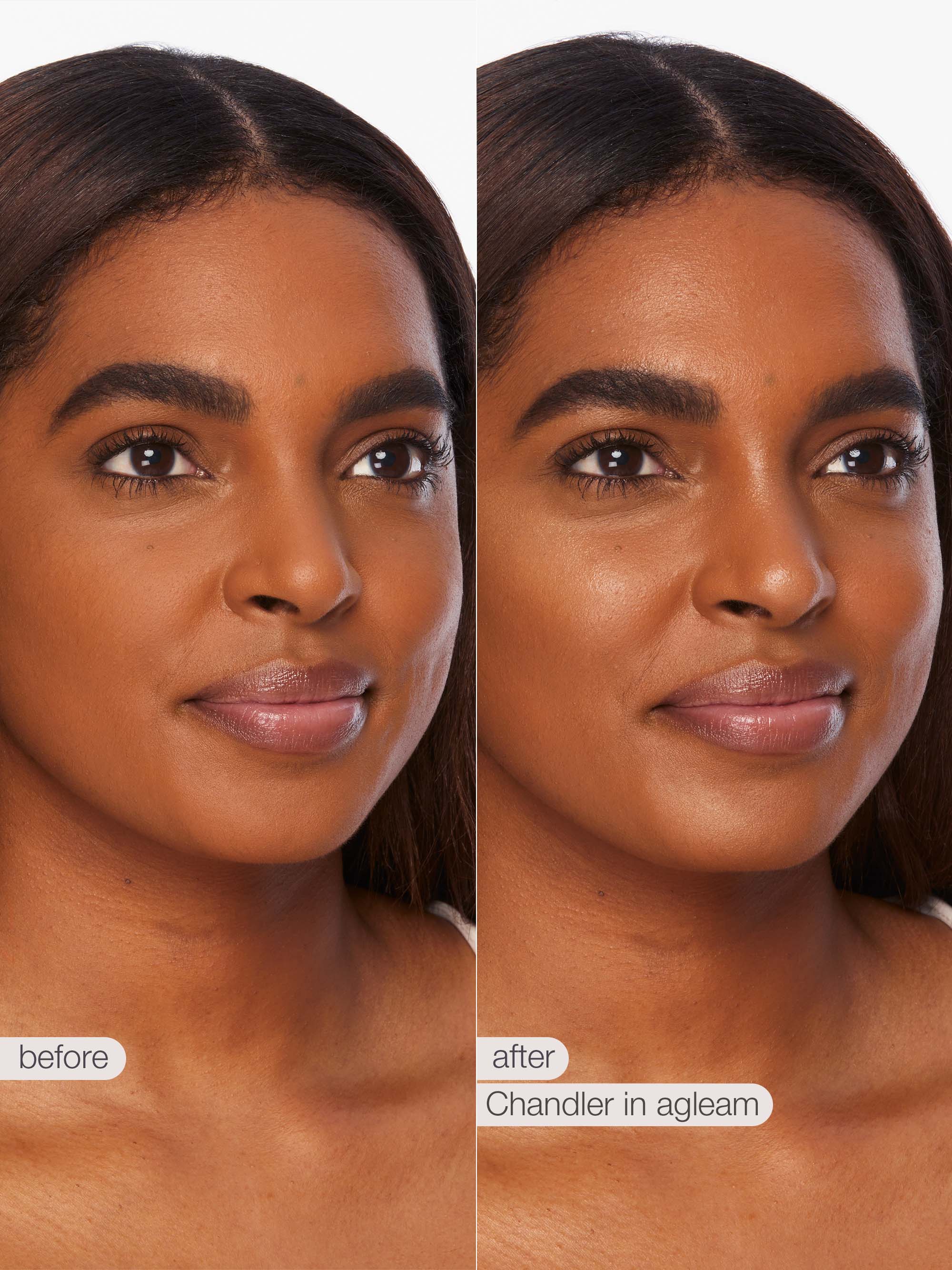 Before and after comparison of a woman's face with 'Chandler in agleam' product application.