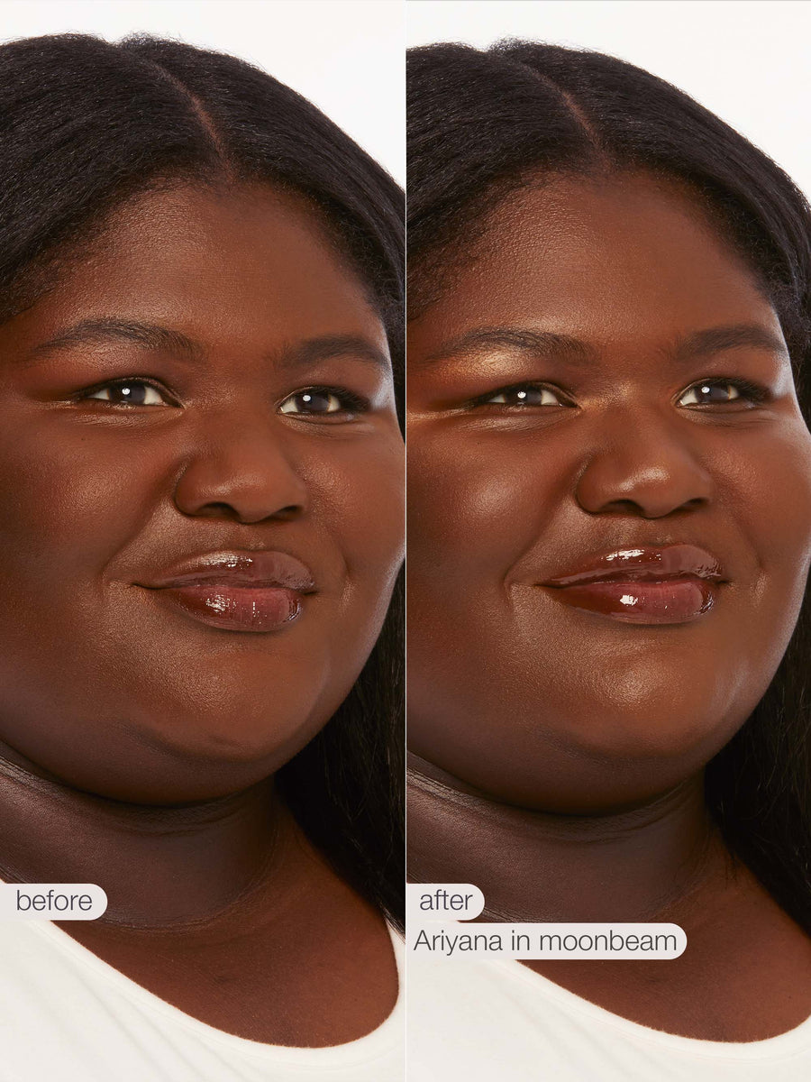 Before and after comparison of a woman's face with Anyana in moonbeam makeup.
