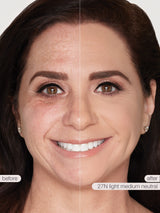 Before and after comparison of a woman's face with cosmetic application labeled '27N light medium neutral'.
