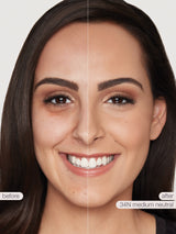 Before and after comparison of a woman's face with cosmetic effects applied.