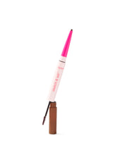 Eyebrow pencil with pink cap and brown body on a white background