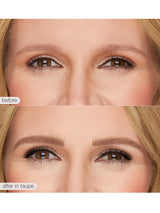 Before and after comparison of eye makeup application on a woman's face.