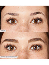 Before and after comparison of eyebrow and eyelash treatment on a person's face.