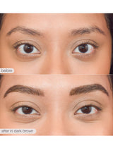 Before and after comparison of eyebrow treatment with dark brown color.