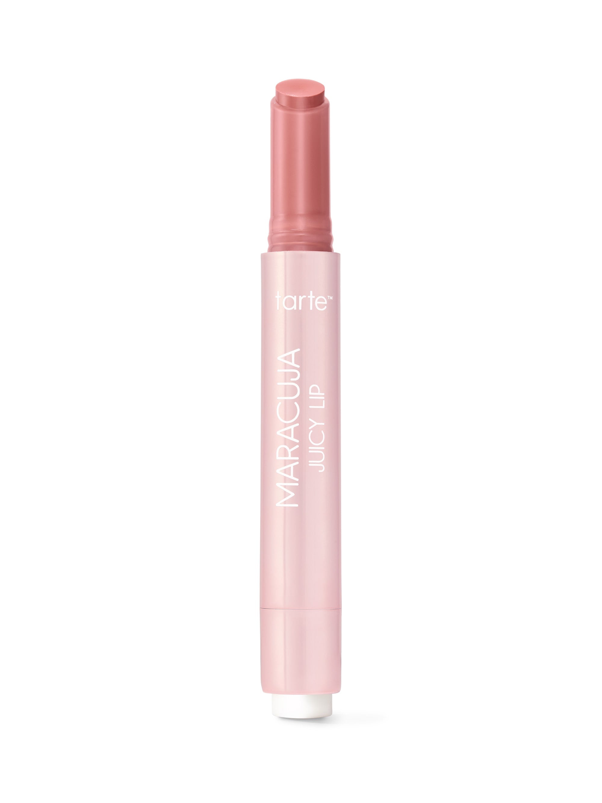 Tarte Maracuja Juicy Lip balm stands upright with cap removed and stick extended against a plain white background. Text on tube: tarte; MARACUJA JUICY LIP.