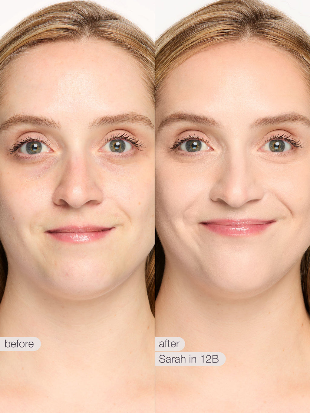 Before and after comparison of a woman's face with makeup application labeled 'Sarah in 12B'.