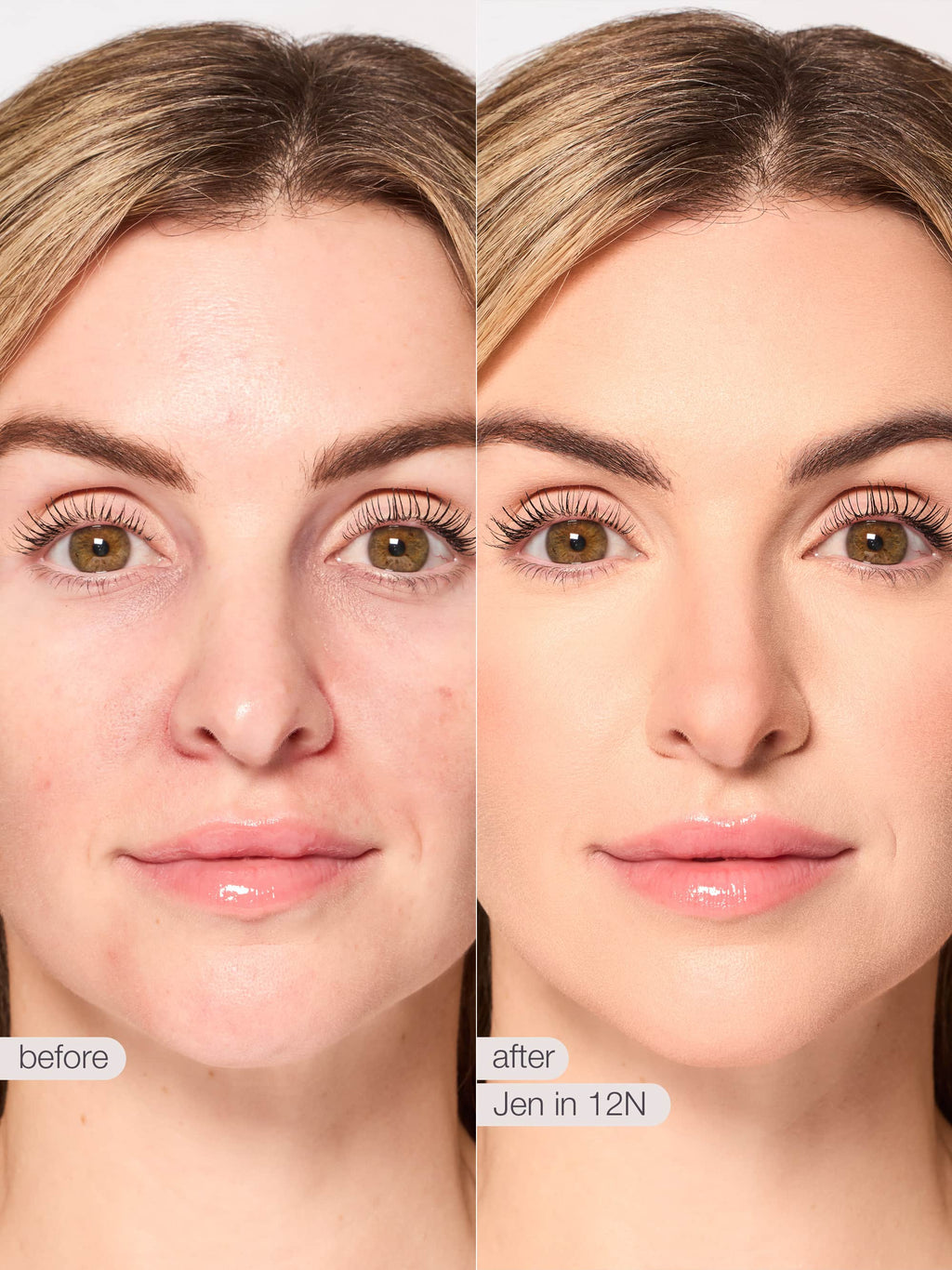 Before and after comparison of a woman's face with 'Jen in 12N' makeup.