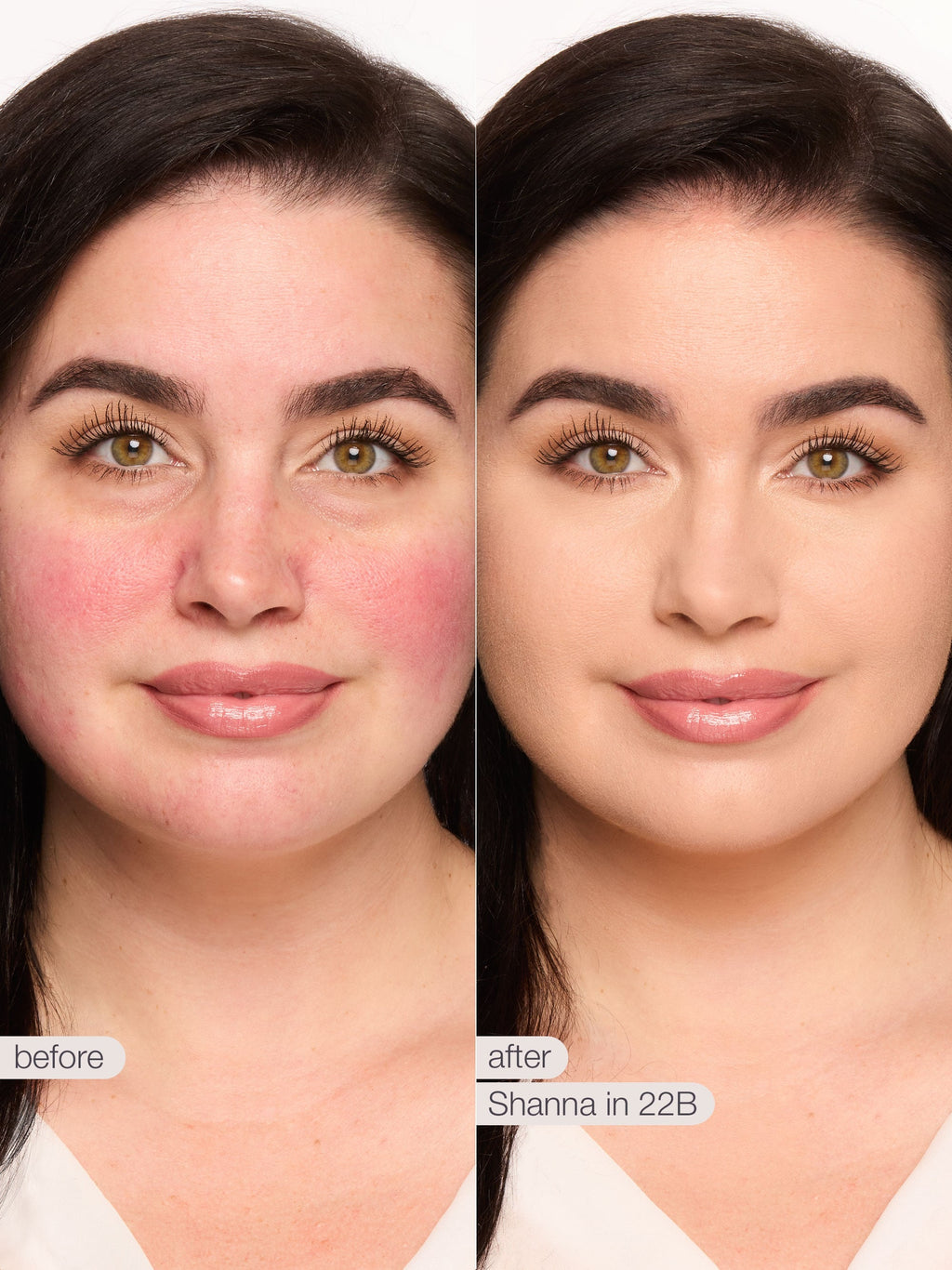 Before and after comparison of a woman's face with makeup application, labeled 'Shanna in 22B'.