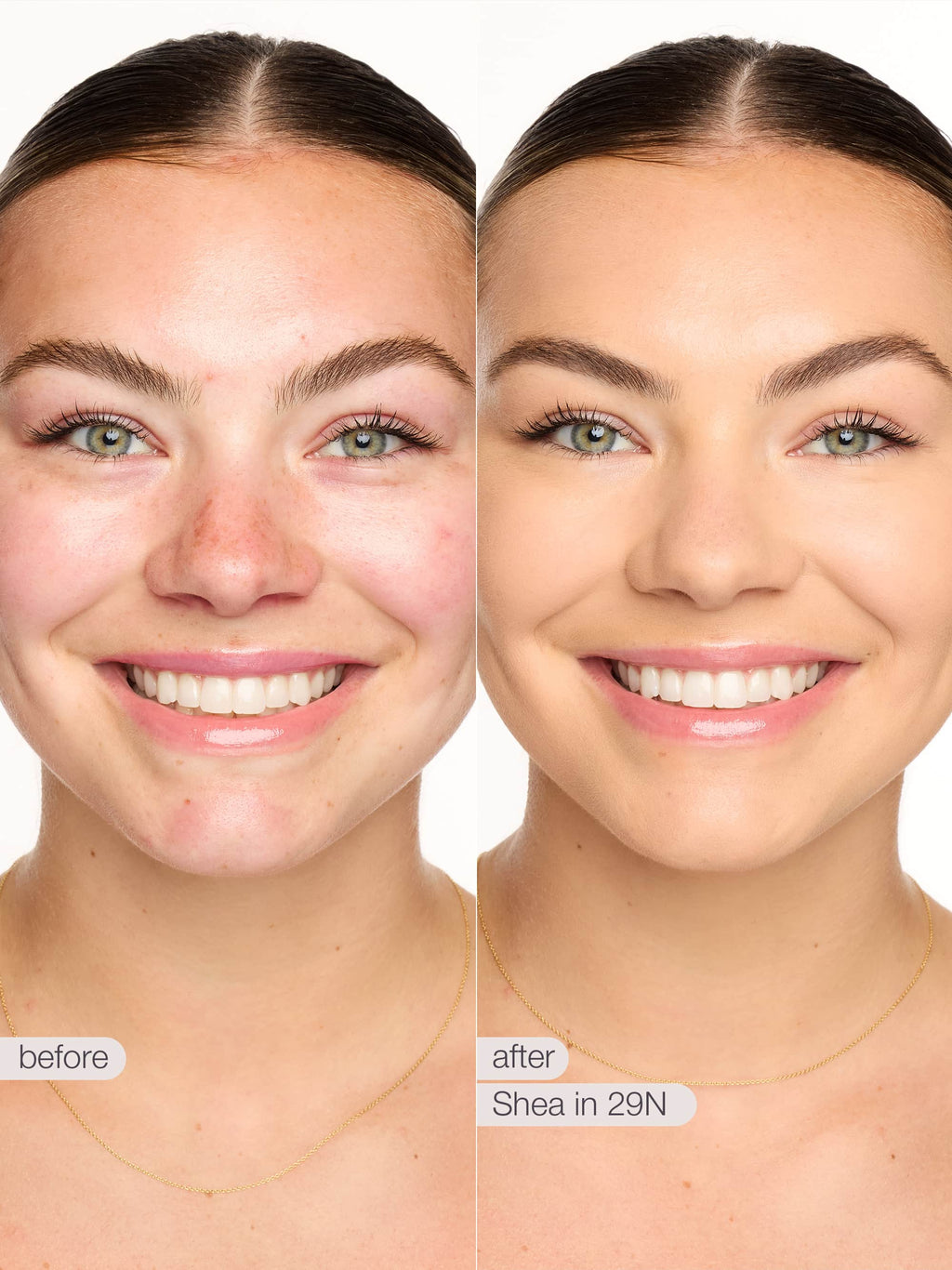 Before and after comparison of a woman's face with skincare product application.