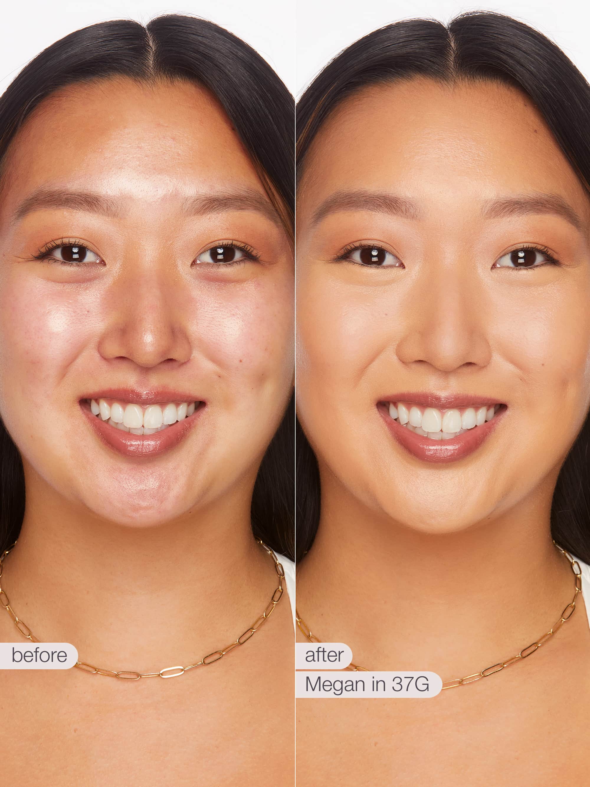 Before and after comparison of a woman's face with a visible improvement, labeled 'Megan in 37G'.