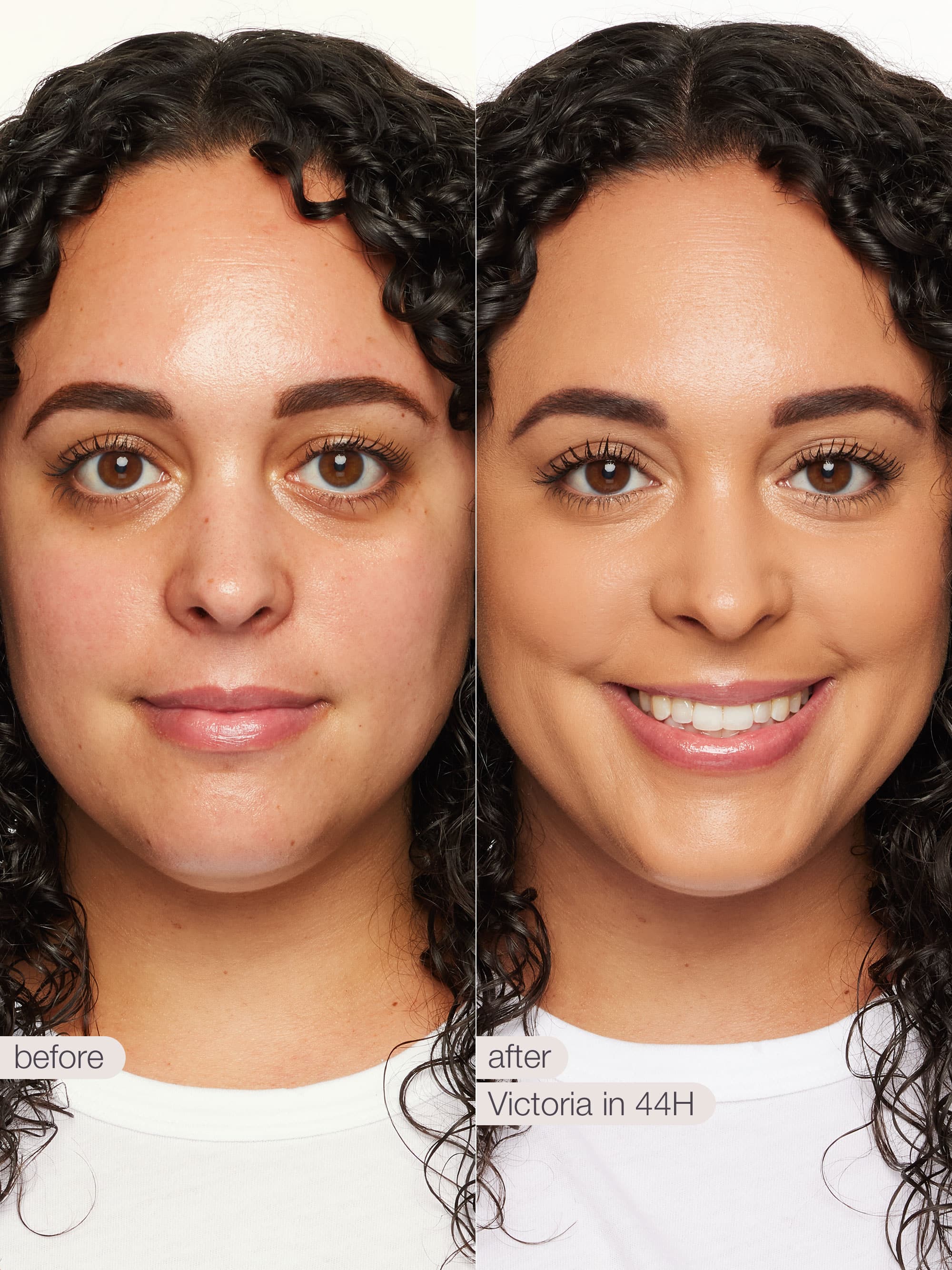 Before and after comparison of a woman's face with text indicating product use.