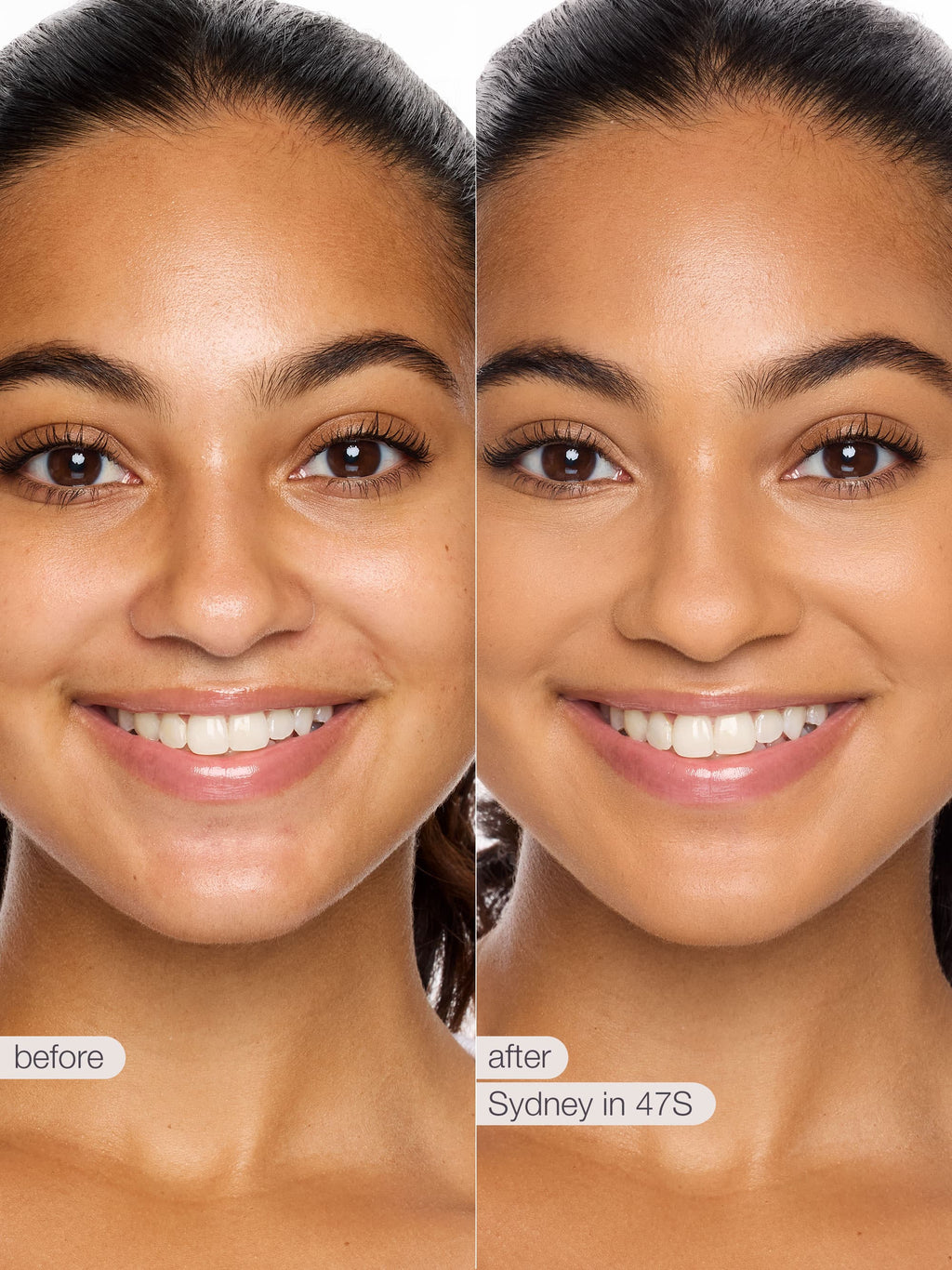 Before and after comparison of a woman's face with text indicating 'Sydney in 47S' on a white background.
