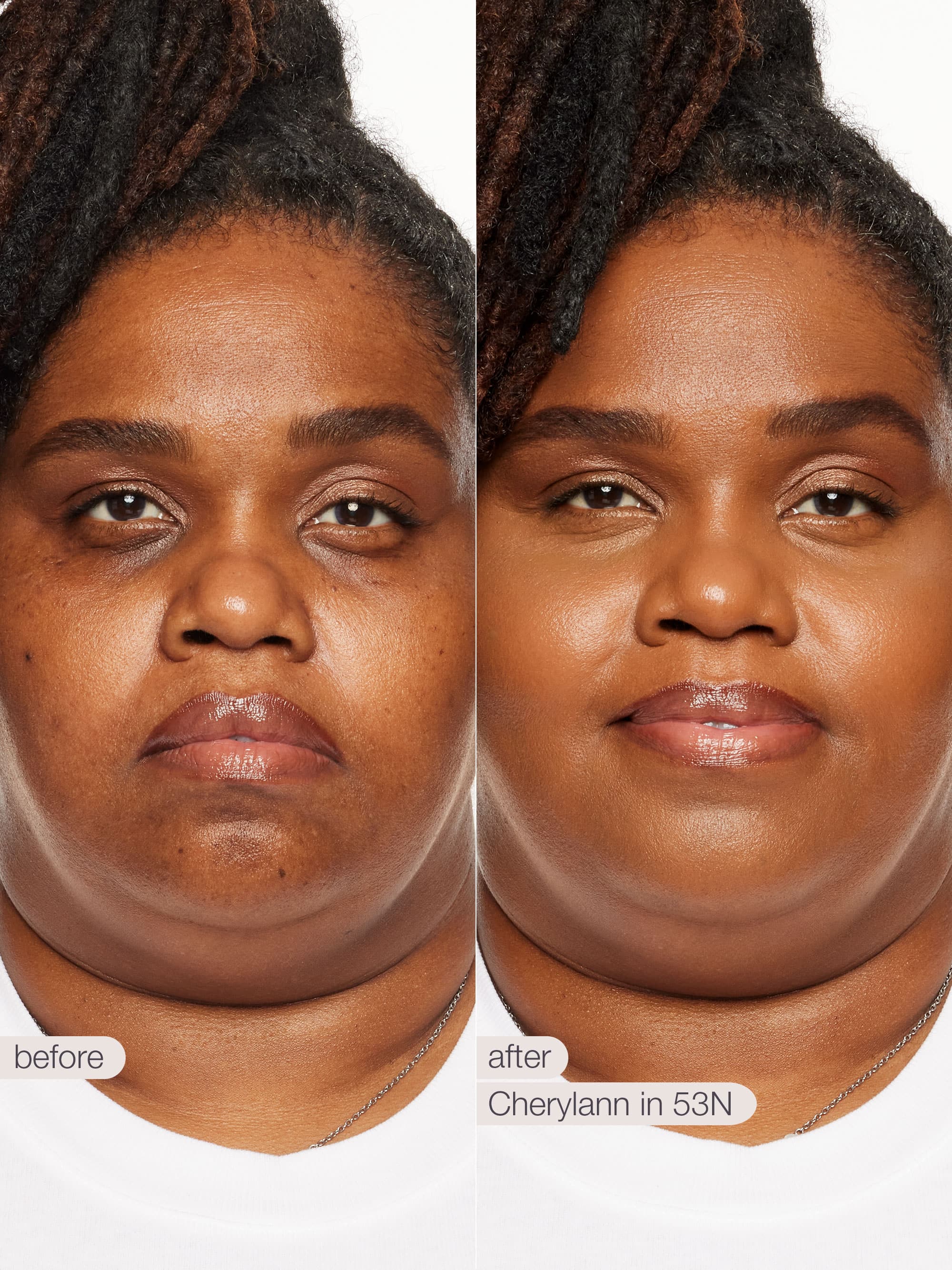 Before and after comparison of a woman's face with text indicating product name and color.