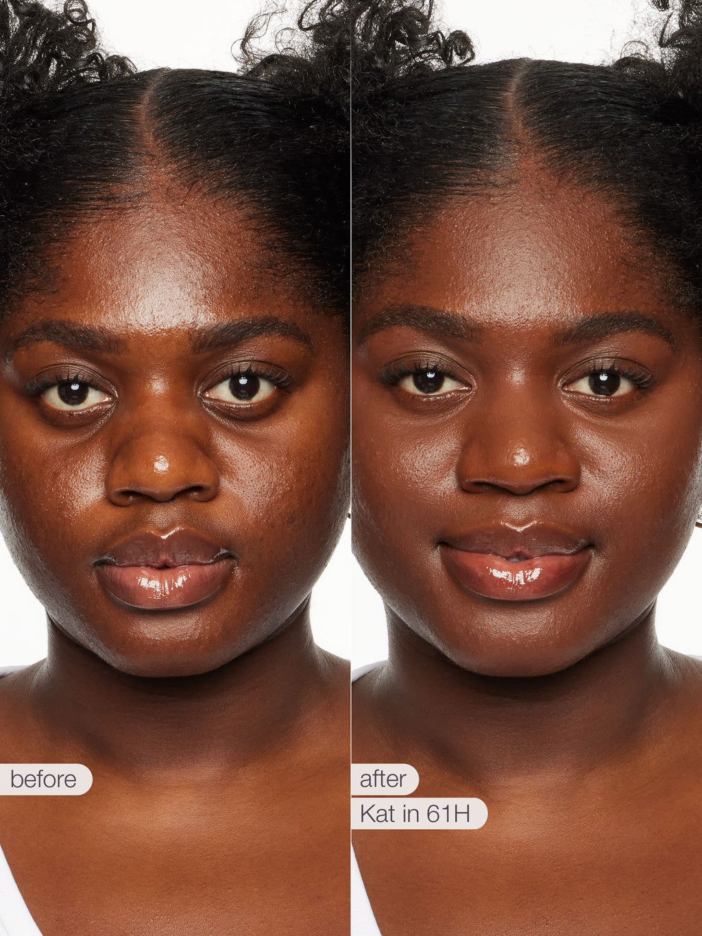 Before and after comparison of a woman's face with 'before' and 'after' labels.