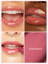 Collage of lips wearing a pink lipstick with 'strawberry' text on a pink background.