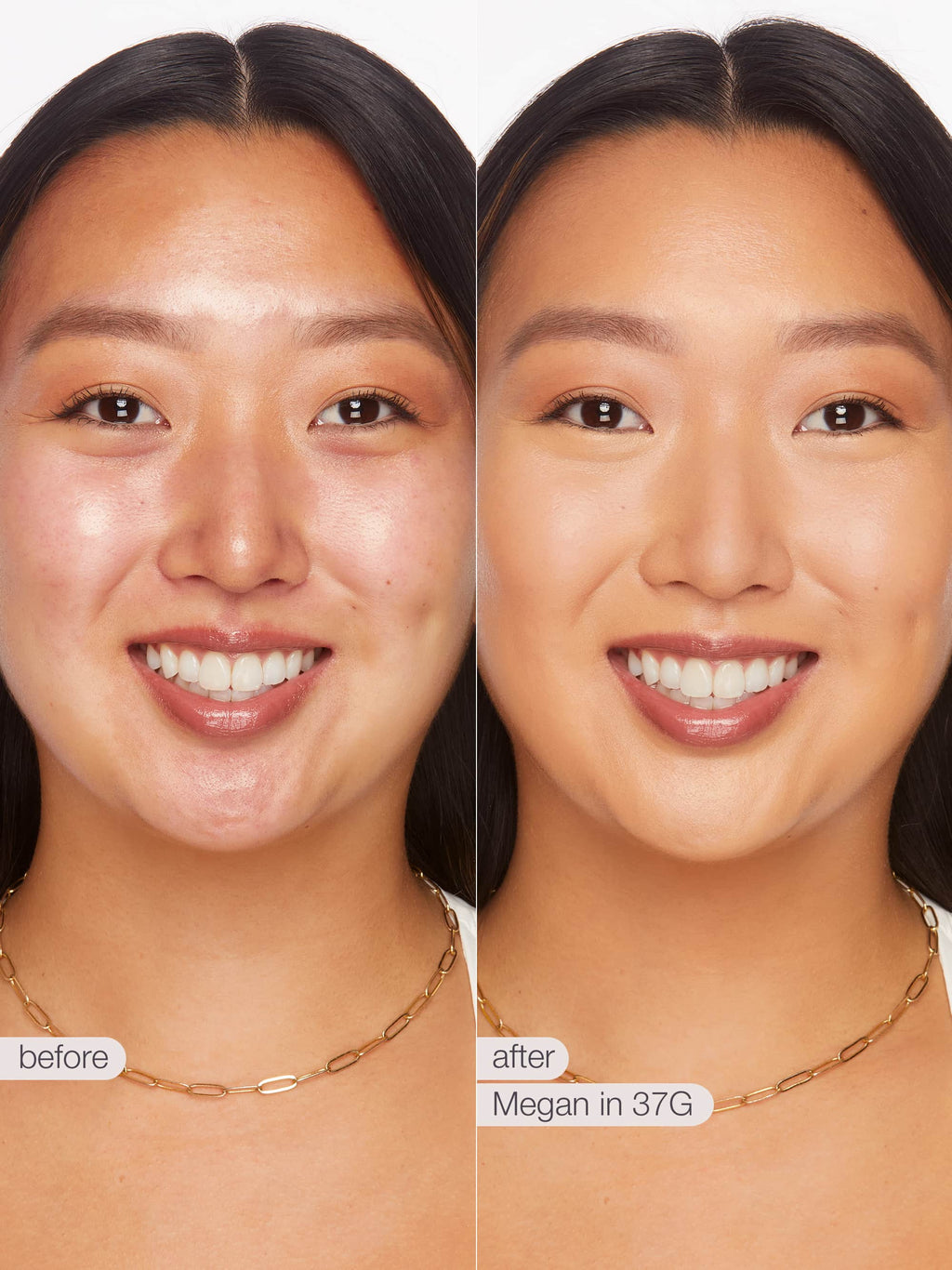 Before and after comparison of a woman's face with a visible skincare product effect, wearing a gold necklace.