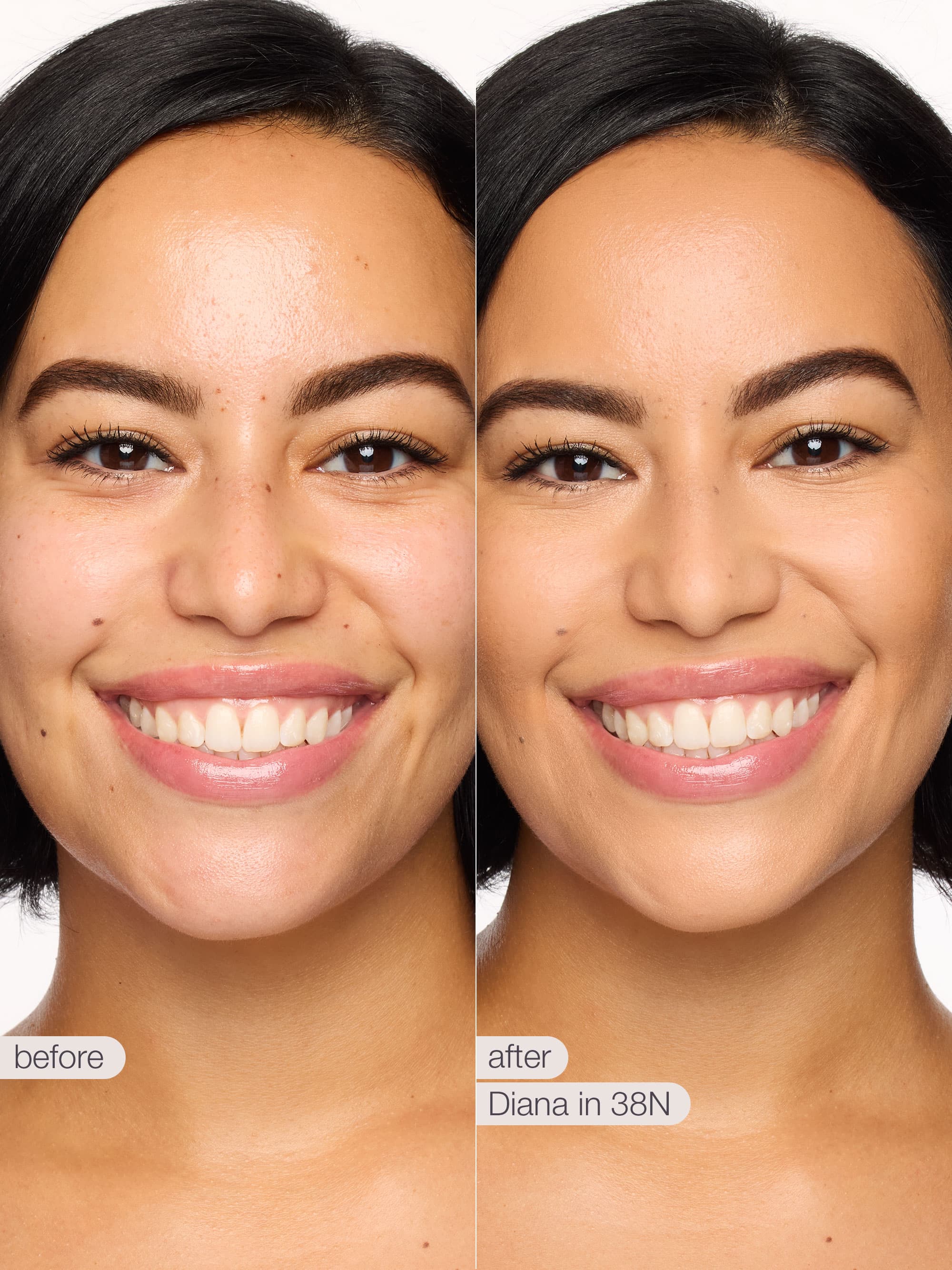 Before and after comparison of a woman's face with text indicating product name and effect.