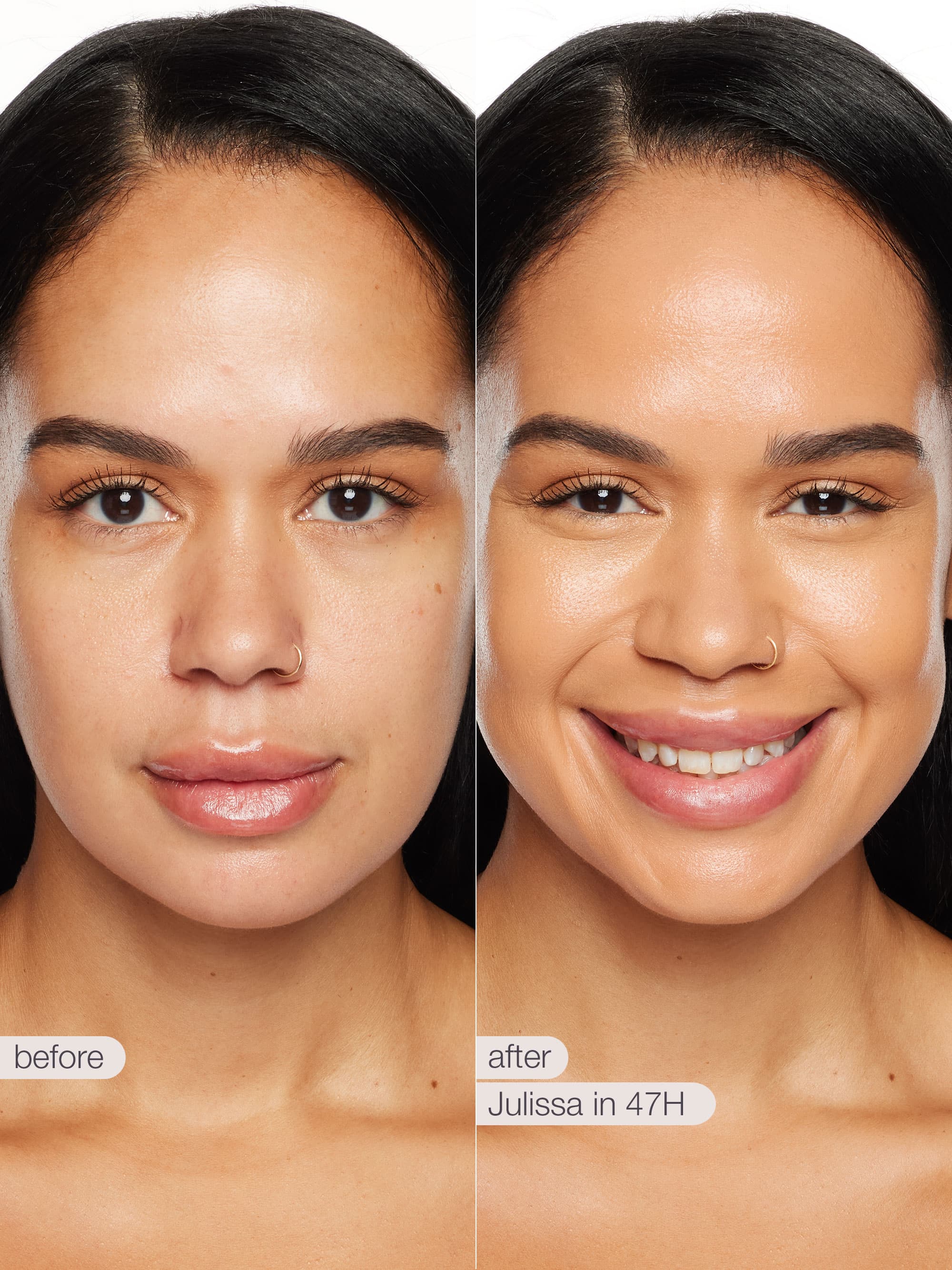 Before and after comparison of a woman's face with 'Julissa' product application.
