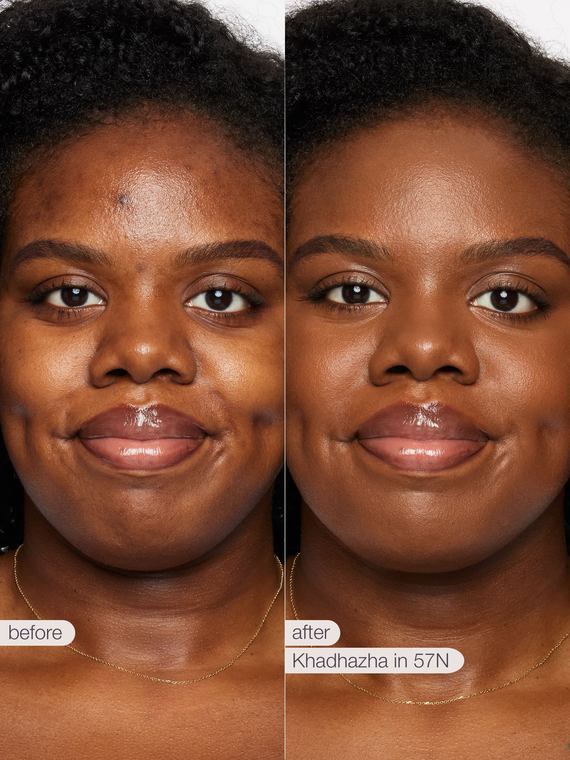 Before and after comparison of a woman's face with skincare product application.
