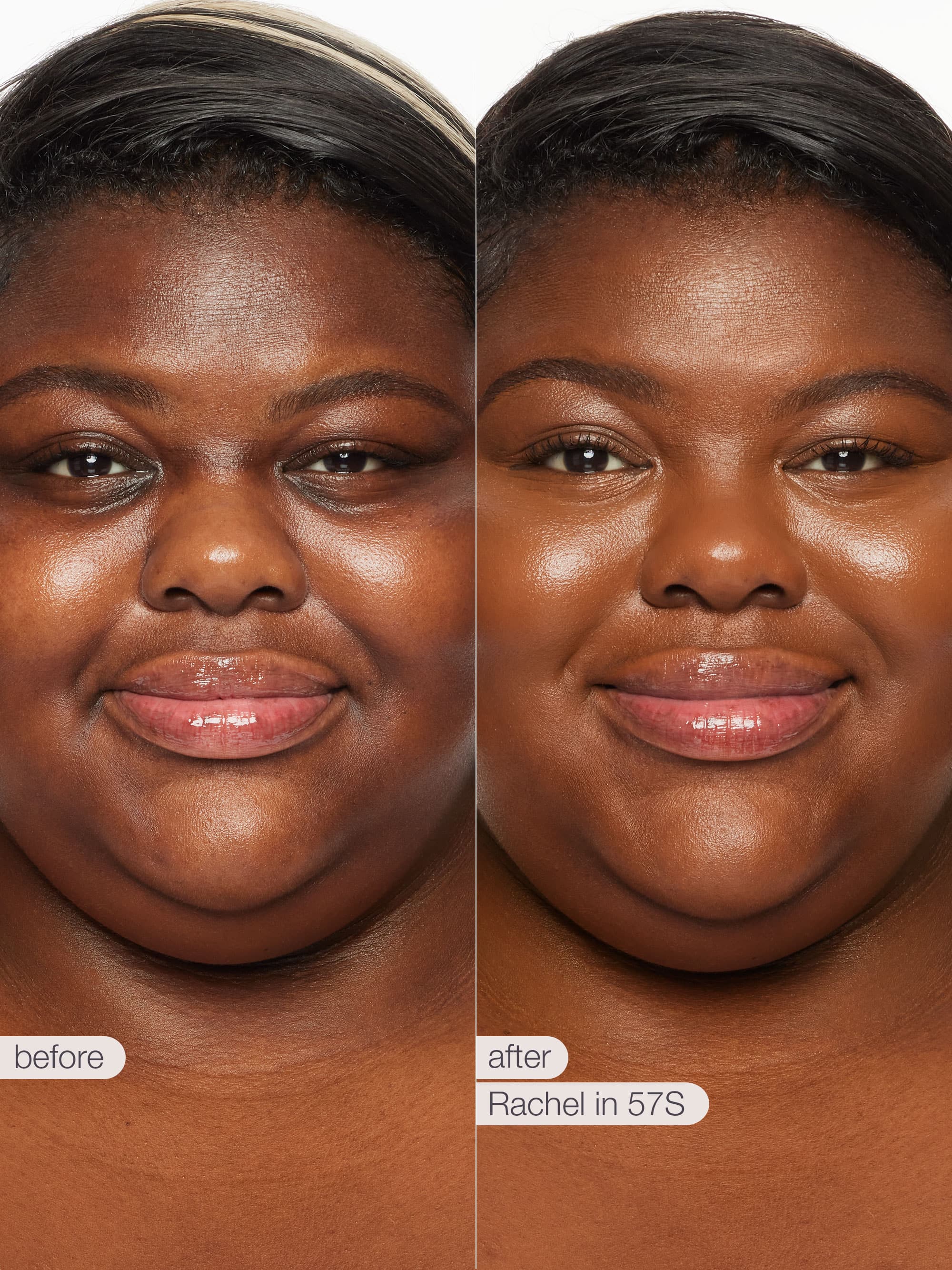 Before and after comparison of a woman's face with text indicating 'before' and 'after' with product name.