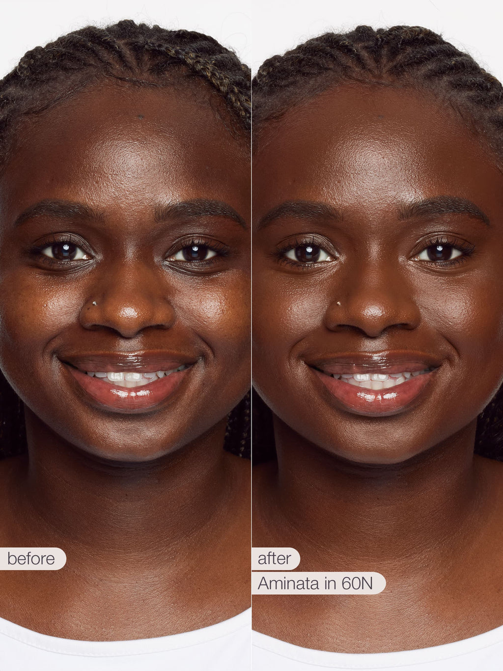 Before and after comparison of a person's skin with 'Aminata in 60N' product application.
