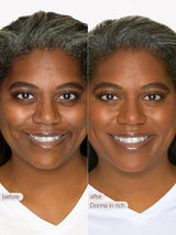 Before and after comparison of a woman's face with text indicating brand or product name.