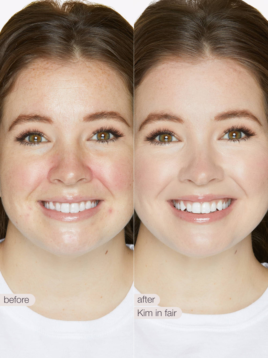 Before and after comparison of a woman's smile with cosmetic effects applied.