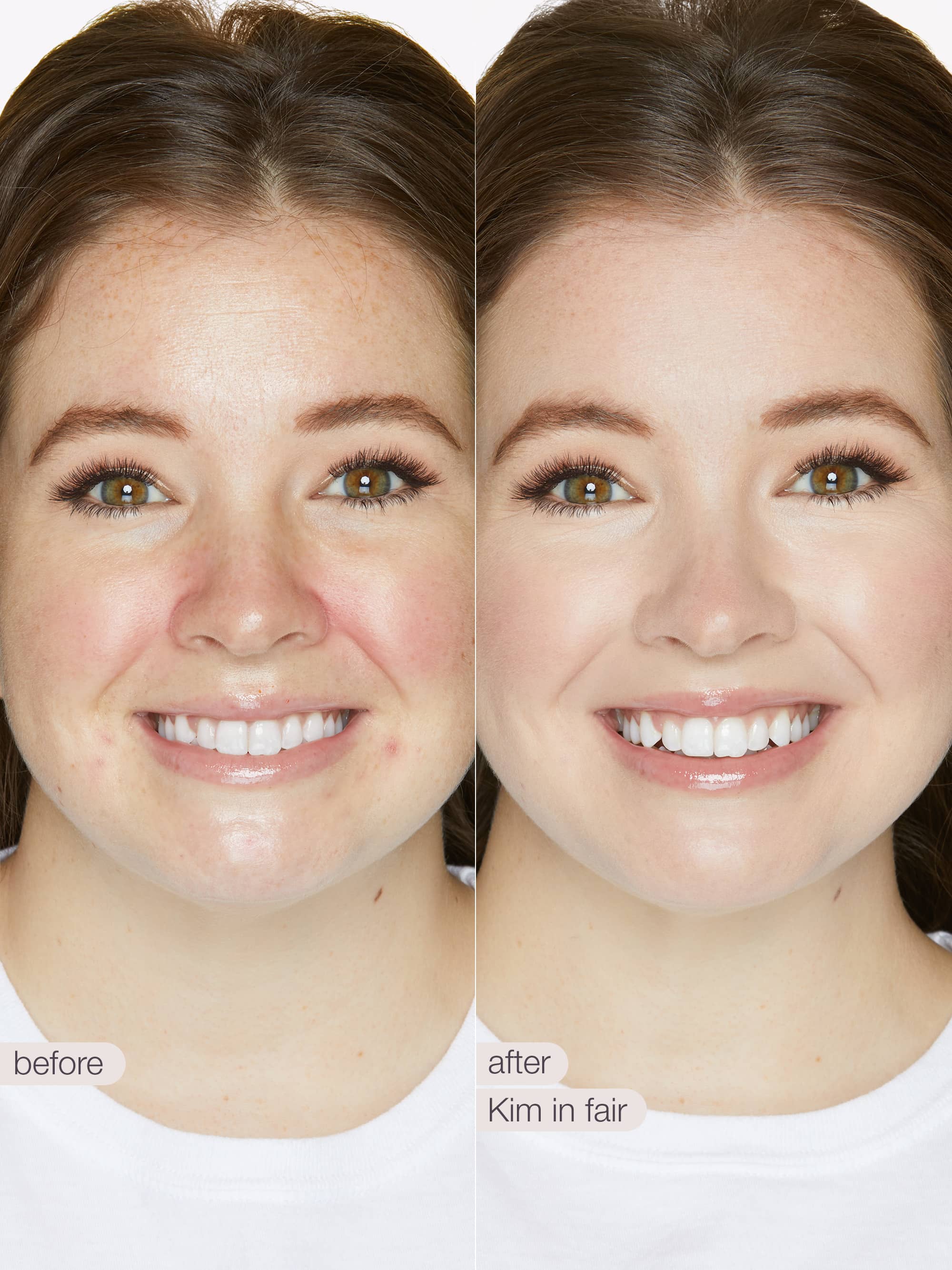 Before and after comparison of a woman's smile with cosmetic effects applied.