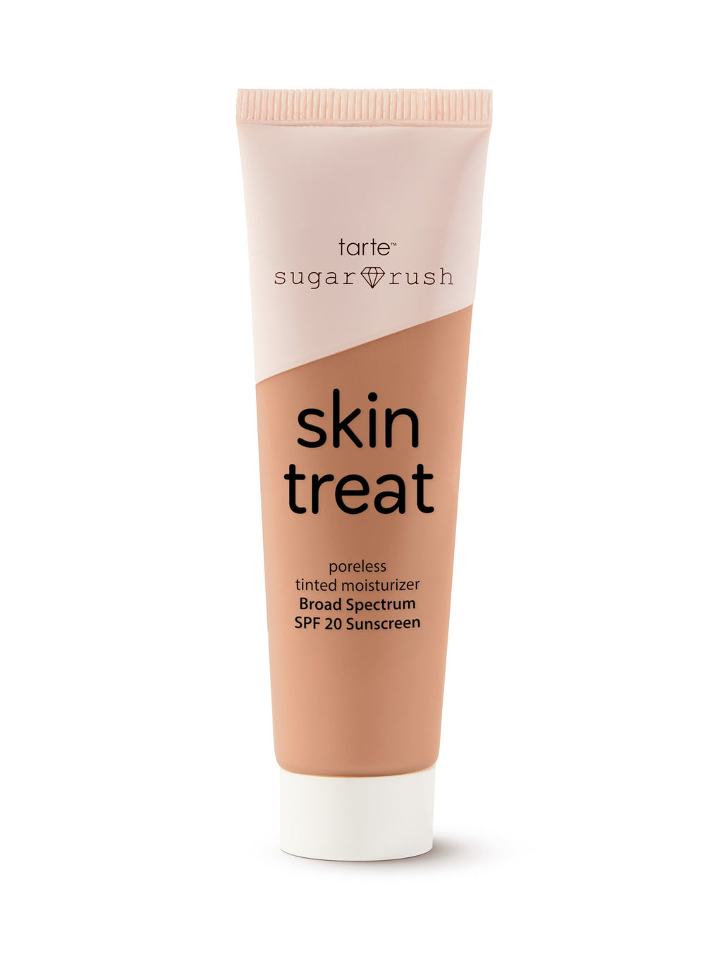 Tube of 'sugar rush' skin treat poreless tinted moisturizer on a white background